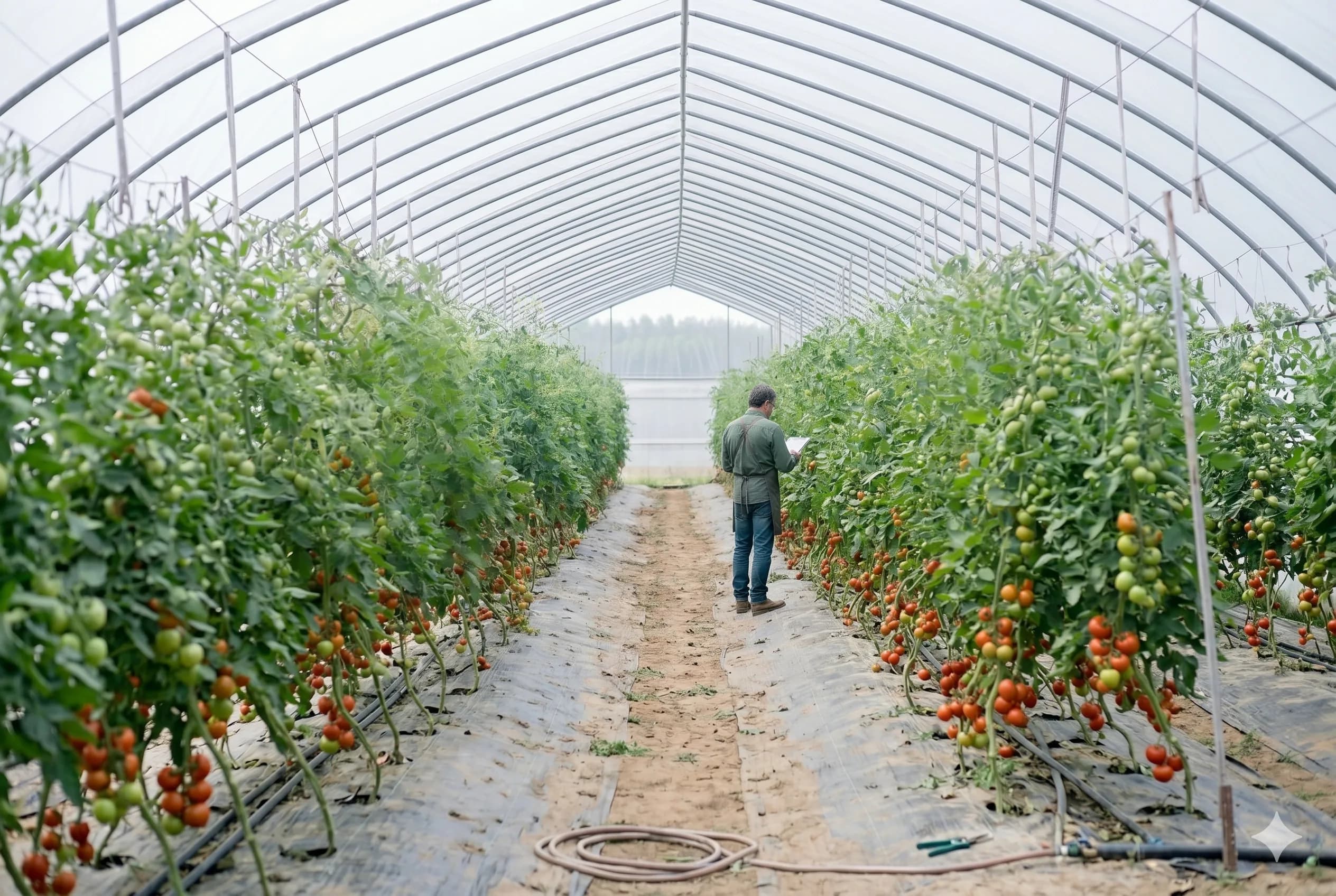 Farmer inspecting tomato plants in a greenhouse